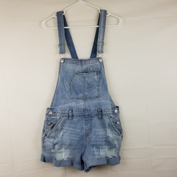 Almost Famous Denim - Almost Famous Womens Sz 11 Jean Overalls Shorts Distressed Denim Light Wash